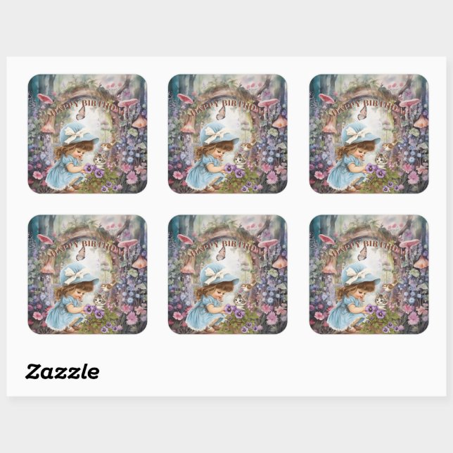 Happy Birthday Fairyland Vintage Girl  Square Sticker (Sheet)