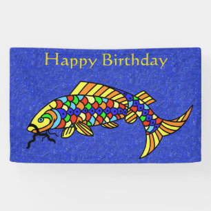 Happy Birthday Fancy Fish Colourful Scales Blue Banner