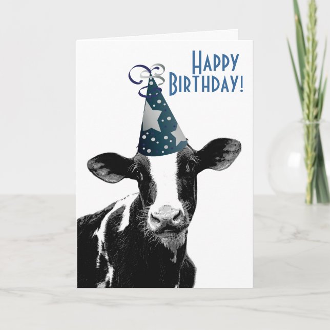 Happy Birthday Farmer - Party Hat Cow Card (Front)