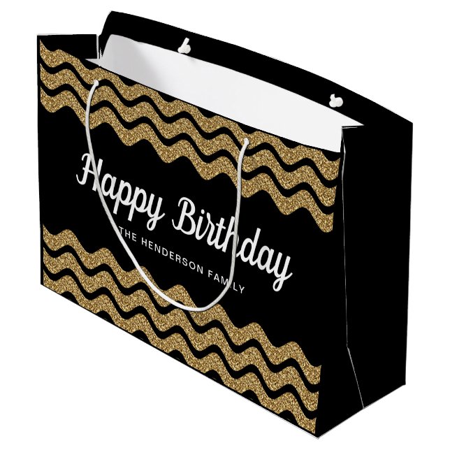 Happy Birthday Faux Gold Glitter Black Stripes   Large Gift Bag (Back Angled)