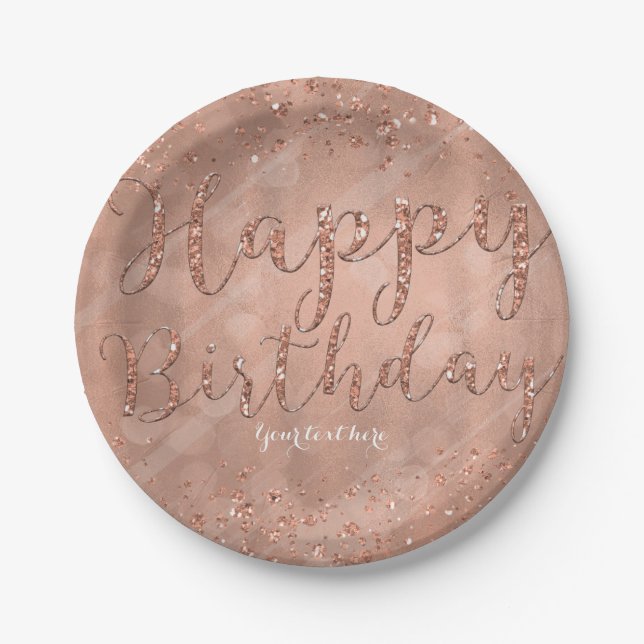 Happy Birthday Faux Rose Gold Glitter Glam Party Paper Plate (Front)