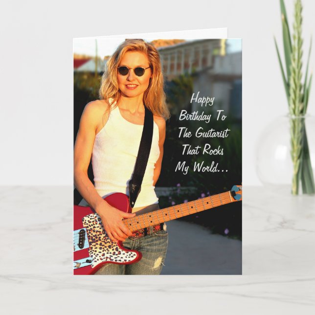 Happy Birthday Female Guitarist Rocks Card (Front)