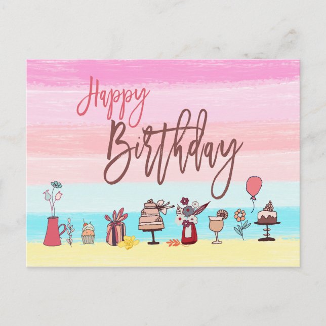 Happy Birthday Feminine Pretty Pastel Stripes/Arty Postcard (Front)