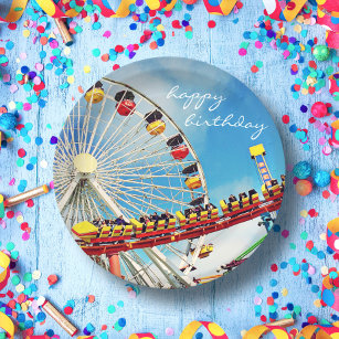 Happy Birthday Ferris Wheel Roller Coaster Photo Paper Plate
