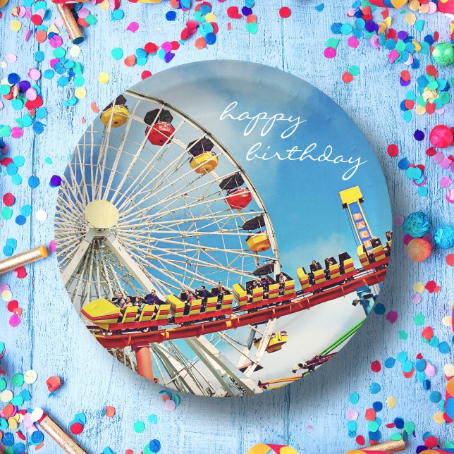 Happy Birthday Ferris Wheel Roller Coaster Photo Paper Plate (Creator Uploaded)