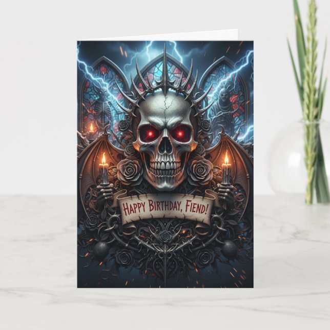 Happy Birthday, Fiend! Gothic Horror Skull Card (Front)