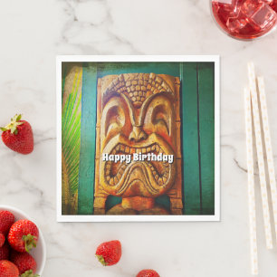 Happy birthday fierce vintage retro wood tiki face napkin