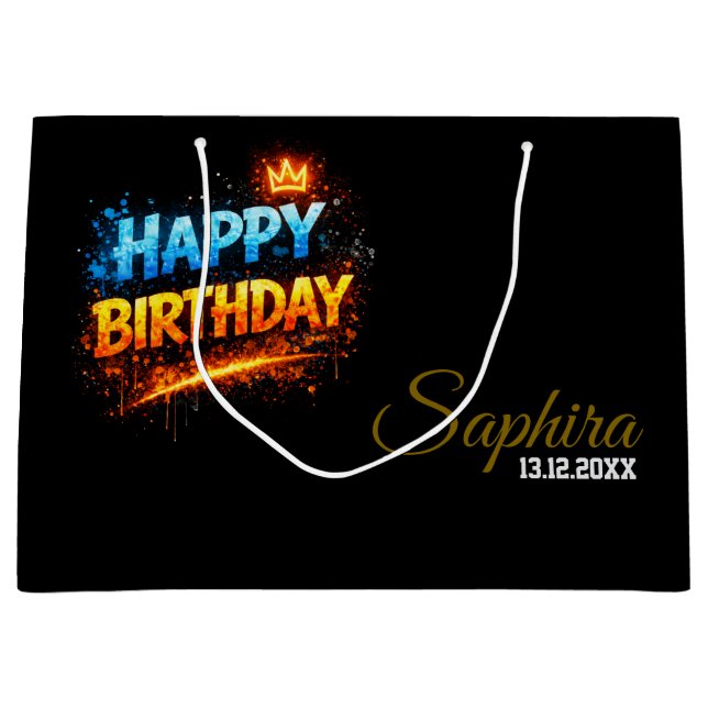 Happy Birthday Fire & Ice Splash Design (Custom) Large Gift Bag (Front)