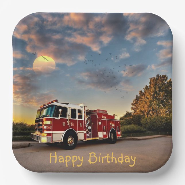 Happy Birthday Fire Truck Paper Plate (Front)