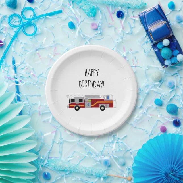 Happy Birthday Firetruck Emergency Vehicle Paper Plate (Party)