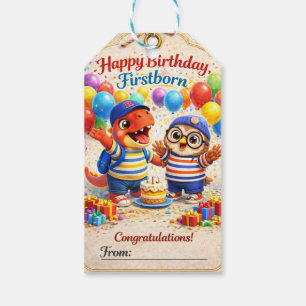 Happy birthday firstborn Rex and hoot dinosaur owl Gift Tags