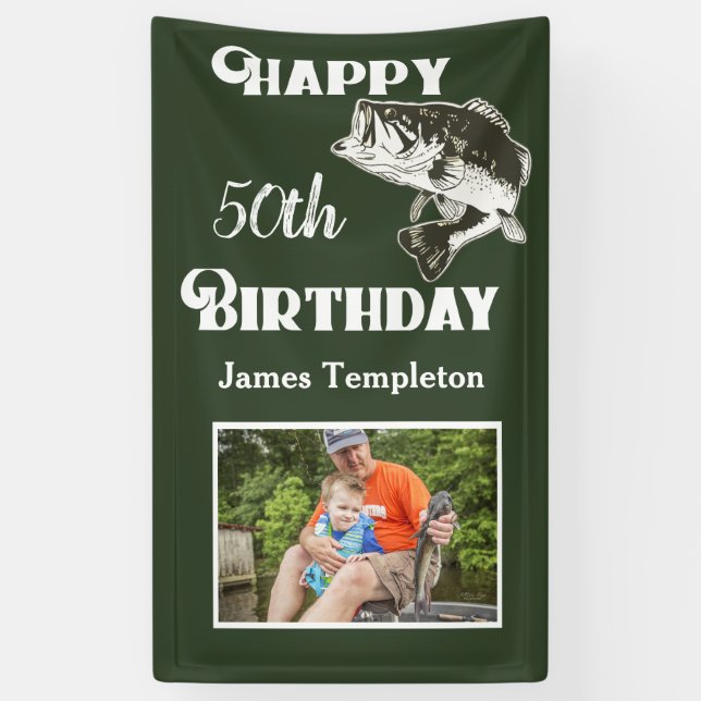 Happy Birthday Fishing Photo Name Father Men's Banner (Vertical)