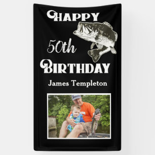 Happy Birthday Fishing Photo Name Father Men's Banner