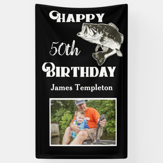 Happy Birthday Fishing Photo Name Father Men's Banner (Vertical)