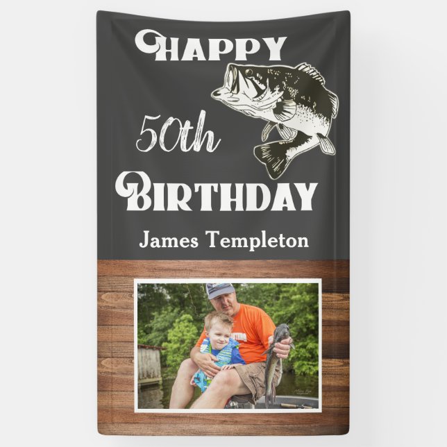 Happy Birthday Fishing Photo Name Father Men's Banner (Vertical)