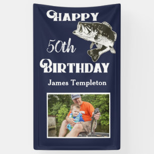 Happy Birthday Fishing Photo Name Father Men's Banner