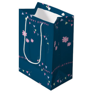 Happy Birthday Flags and Flowers Pattern Medium Gift Bag
