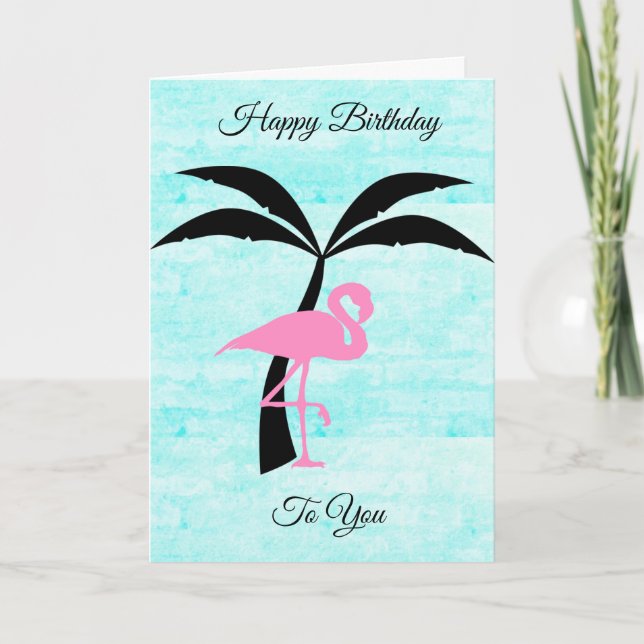Happy Birthday Flamingo and Palm Tree Card (Front)