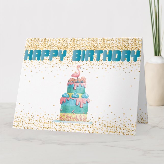 Happy Birthday Flamingo Cake Gold Confetti Card (Front)