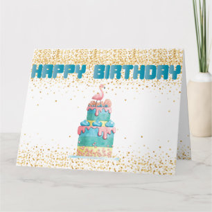 Happy Birthday Flamingo Cake Gold Confetti Card