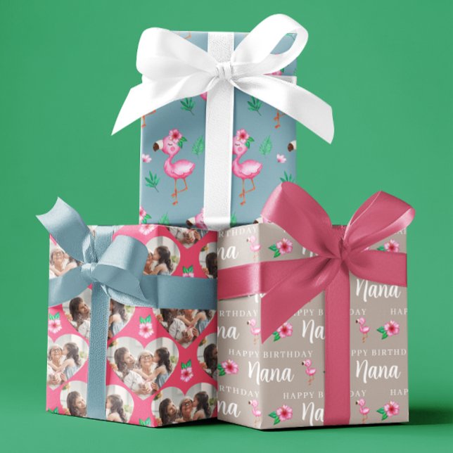 Happy Birthday Flamingo Wrapping Paper Sheets (Celebrate Nana with these personalized photo flamingo wrapping paper sheets! )
