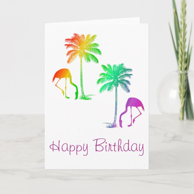 Happy Birthday Flamingos Palm Trees Rainbow Card (Front)