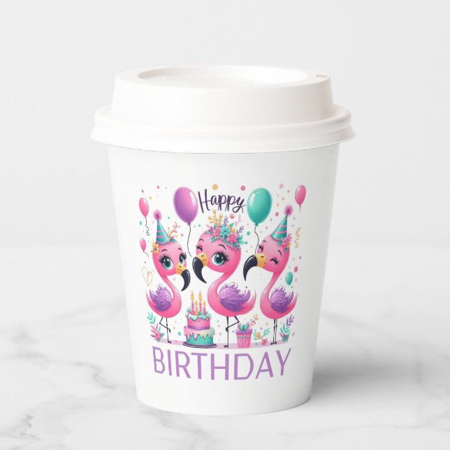 Happy Birthday Flamingos Paper Cups (Front)