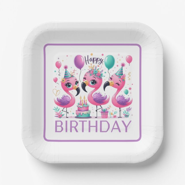Happy Birthday Flamingos Paper Plate (Front)