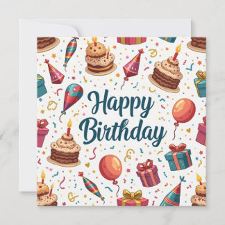 Happy Birthday Flat Card with Balloons and Cake