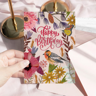 Happy Birthday Floral Bird and Butterfly Garden Card
