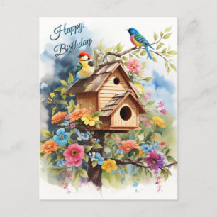 Happy Birthday Floral Birdhouse and Birds Postcard
