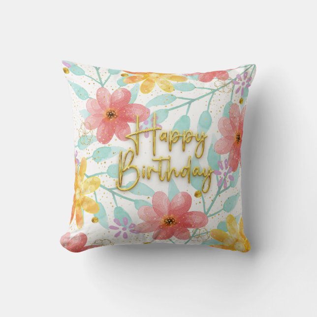 Happy Birthday floral botanical Elegant Template Cushion (Front)