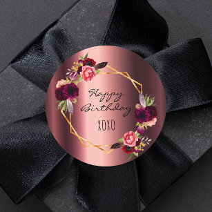 Happy birthday floral burgundy gold metallic classic round sticker