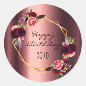 Happy birthday floral burgundy gold metallic classic round sticker (Front)