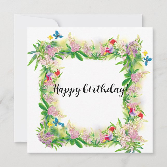 Happy birthday! Floral card with gnom (Front)