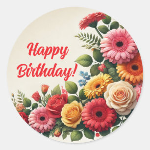 Happy Birthday Floral Classic Round Sticker