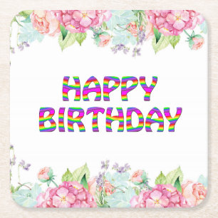 Happy Birthday floral design Square Paper Coaster