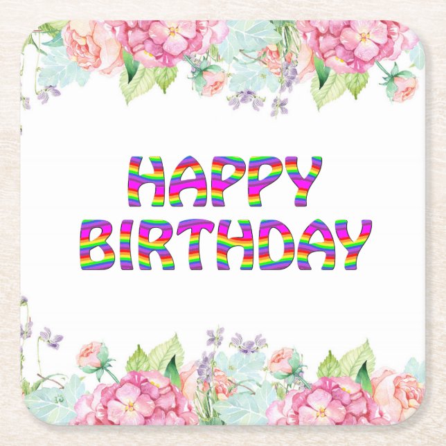 Happy Birthday floral design Square Paper Coaster (Front)