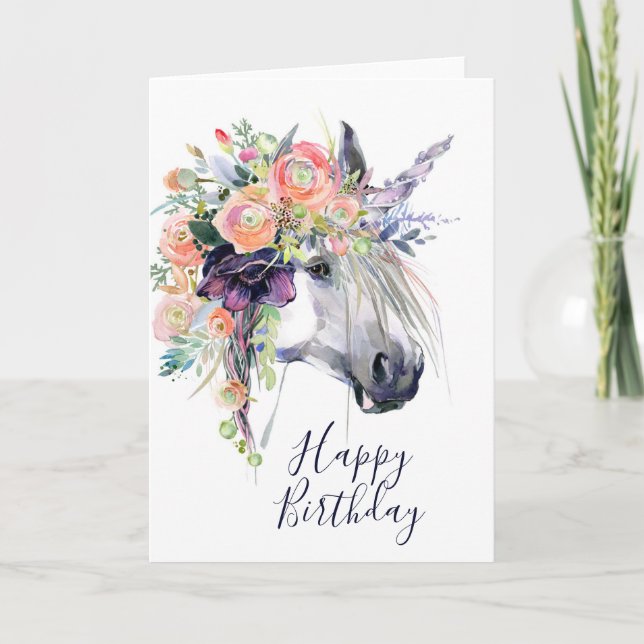 Happy Birthday | Floral Dressed Unicorn Card (Front)