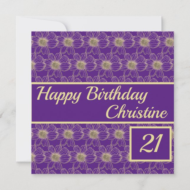 Happy Birthday Floral Gold Purple Custom Card (Front)
