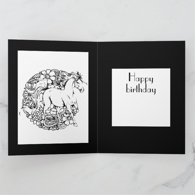 Happy Birthday Floral Horse Adult Colouring Card (Inside)