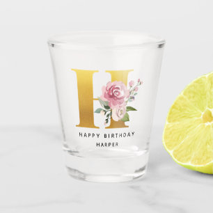 Happy Birthday Floral Monogram H Personalised Name Shot Glass