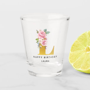 Happy Birthday Floral Monogram L Personalised Name Shot Glass
