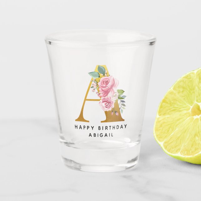 Happy Birthday Floral Monogram Personalised Name Shot Glass (Front)