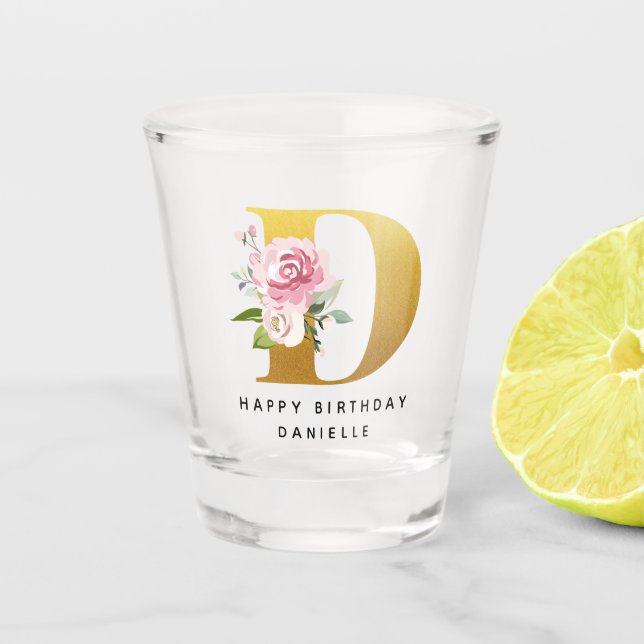 Happy Birthday Floral Monogram Personalised Name Shot Glass (Front)