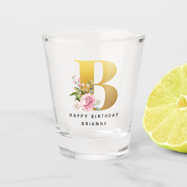 Happy Birthday Floral Monogram Personalised Name Shot Glass (Front)