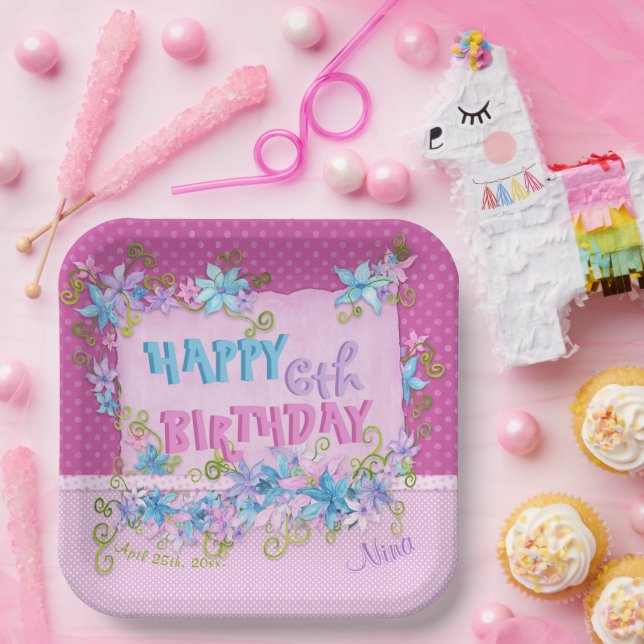 Happy Birthday Floral Pink Purple Polka Dots Paper Plate (Party)