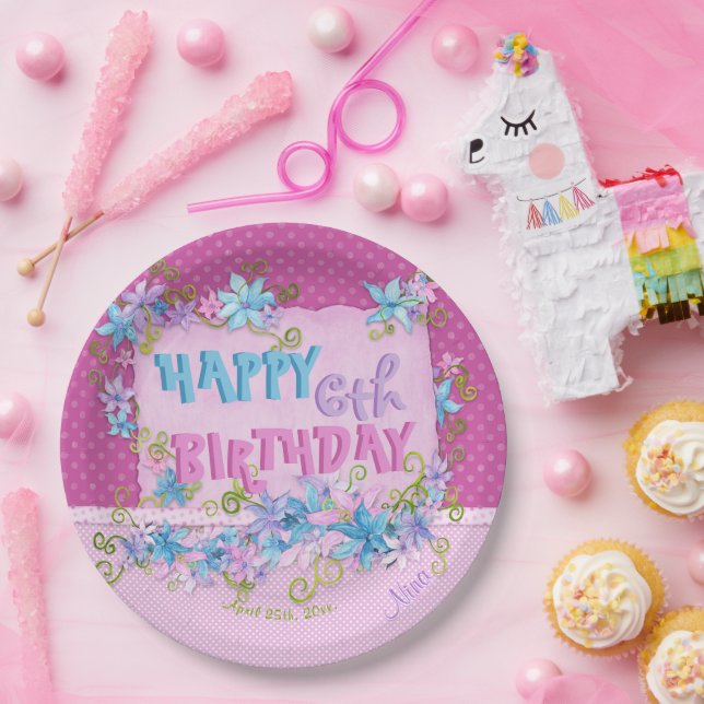Happy Birthday Floral Pink Purple Polka Dots Paper Plate (Party)