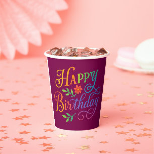 Happy Birthday Floral Rainbow 8oz Paper Cups 