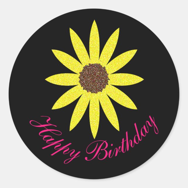 Happy Birthday Floral Sunflower Pink Yellow Black Classic Round Sticker (Front)